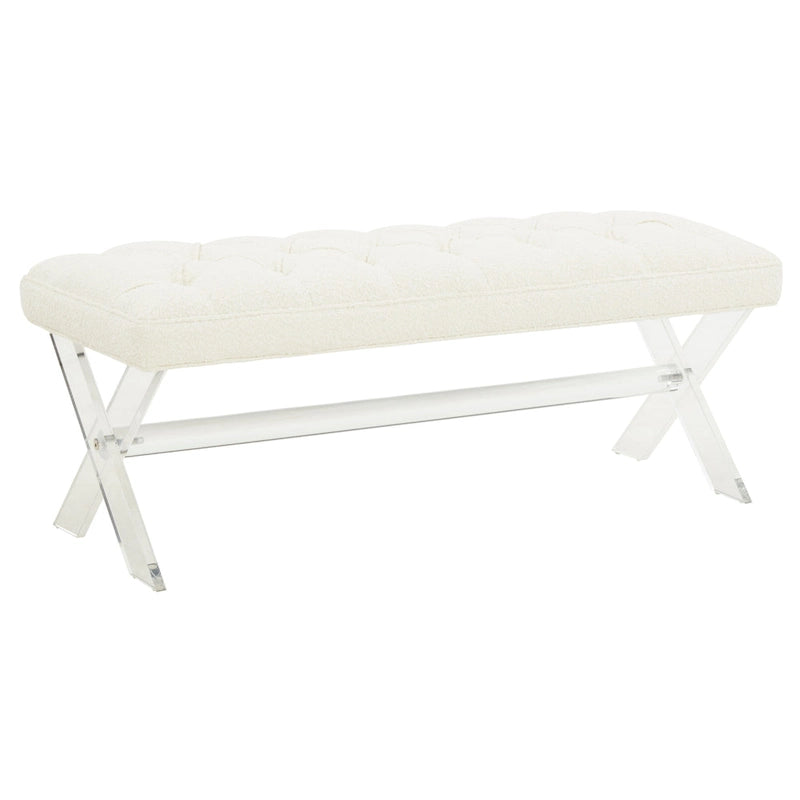 Banc en velours capitonné avec pieds en acrylique transparent et détails boutonnés