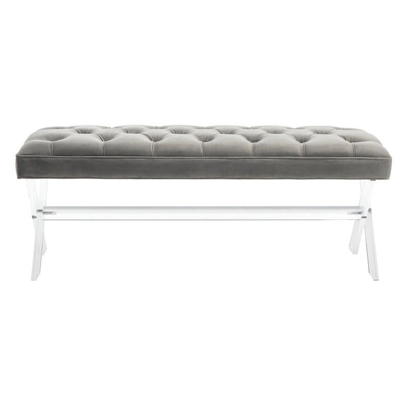Banc en velours capitonné avec pieds en acrylique transparent et détails boutonnés
