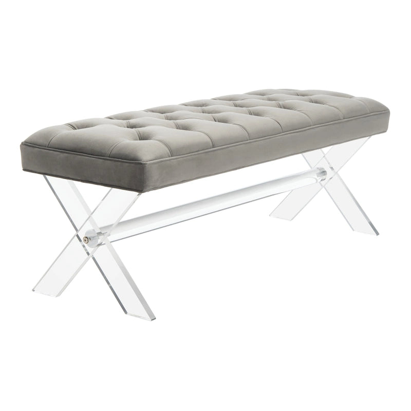 Banc en velours capitonné avec pieds en acrylique transparent et détails boutonnés