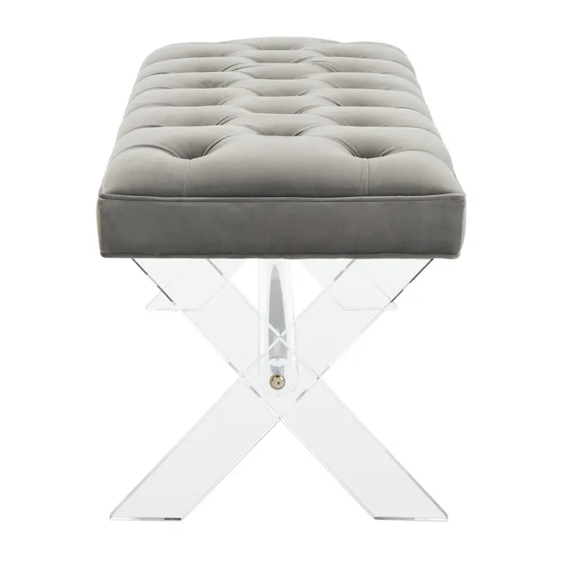 Banc en velours capitonné avec pieds en acrylique transparent et détails boutonnés