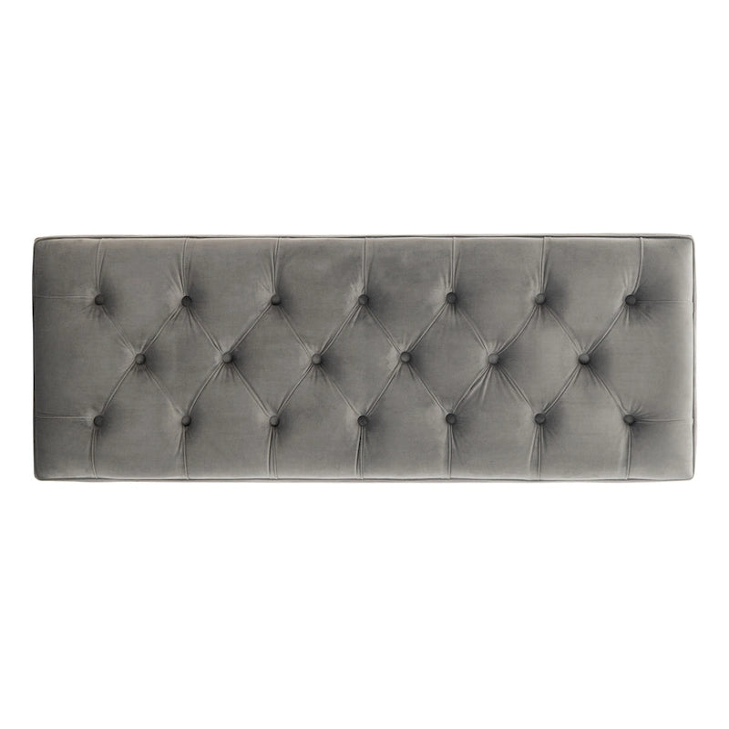 Banc en velours capitonné avec pieds en acrylique transparent et détails boutonnés