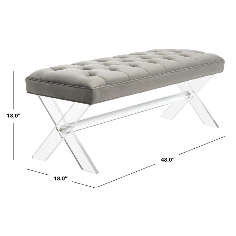 Banc en velours capitonné avec pieds en acrylique transparent et détails boutonnés
