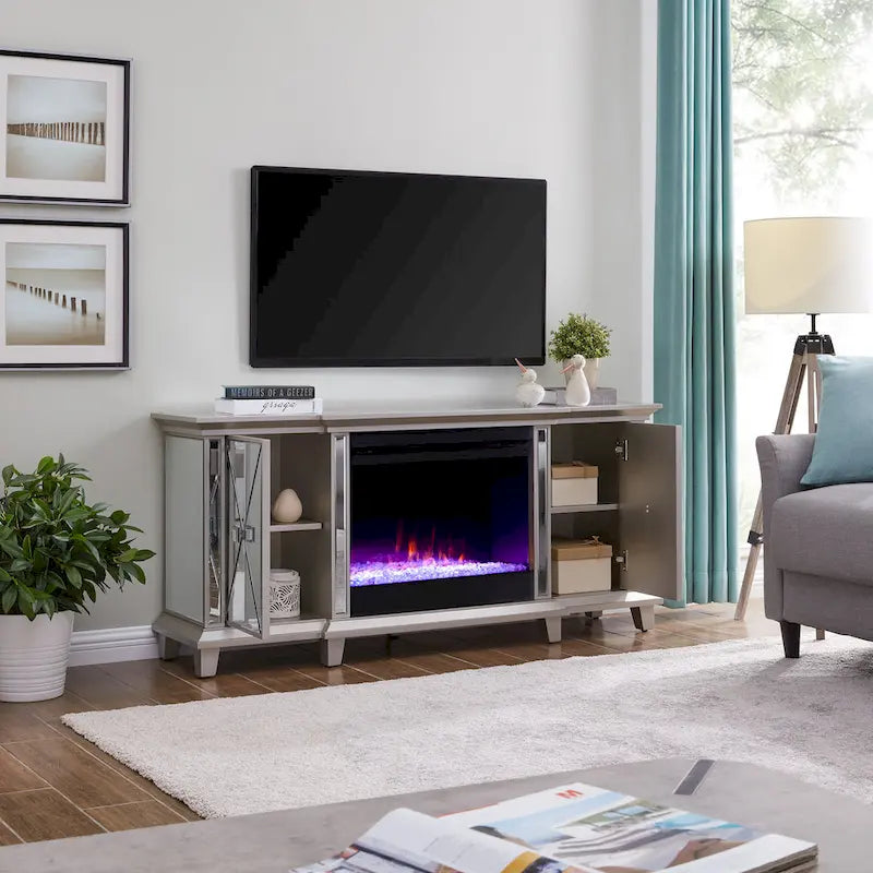 Meuble TV miroir avec insert de cheminée à couleurs changeantes