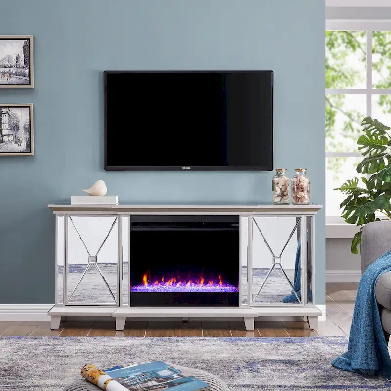 Meuble TV miroir avec insert de cheminée à couleurs changeantes
