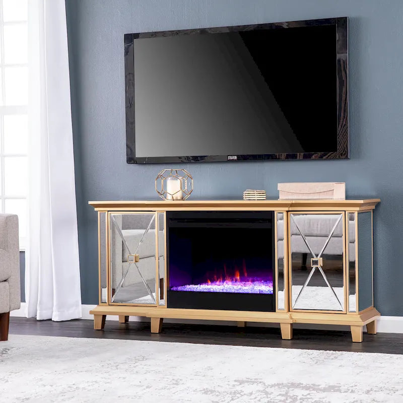 Meuble TV miroir avec insert de cheminée à couleurs changeantes