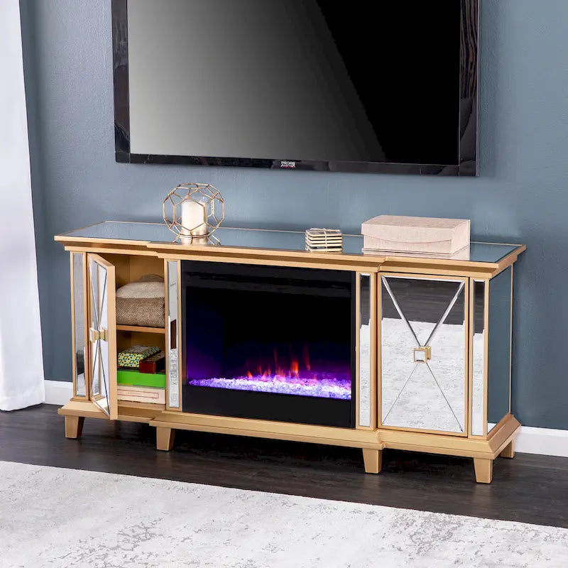 Meuble TV miroir avec insert de cheminée à couleurs changeantes