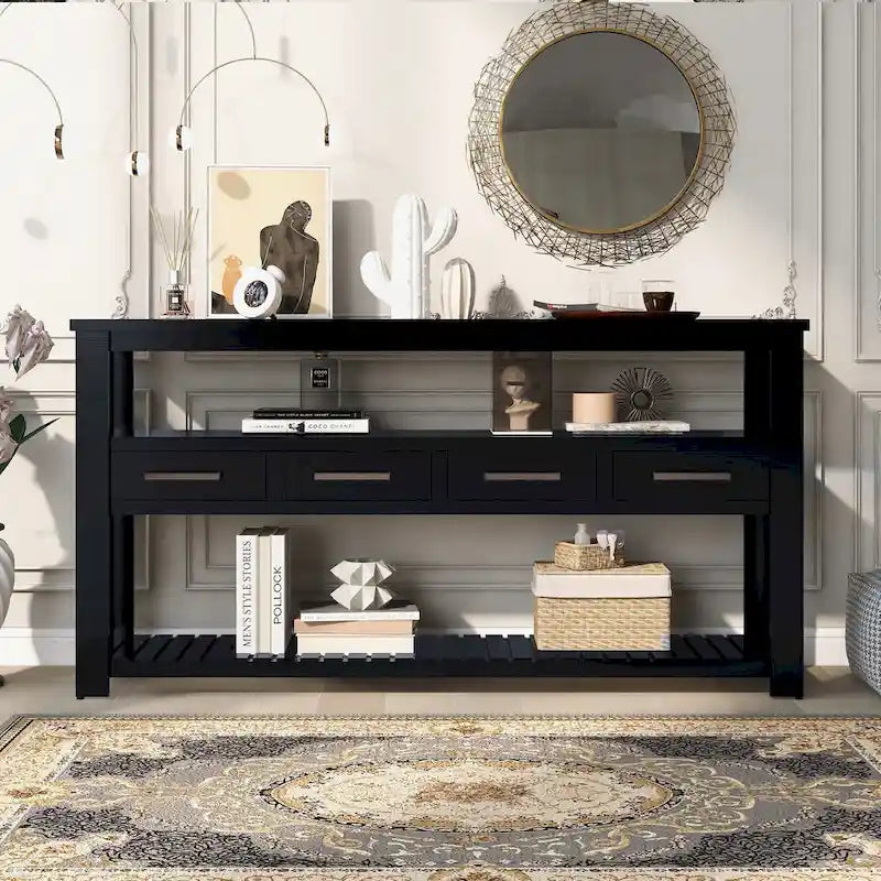Console avec 4 tiroirs et 2 étagères ouvertes en MDF et pin massif