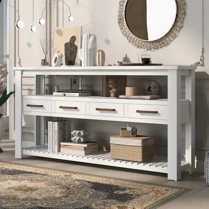 Console avec 4 tiroirs et 2 étagères ouvertes en MDF et pin massif