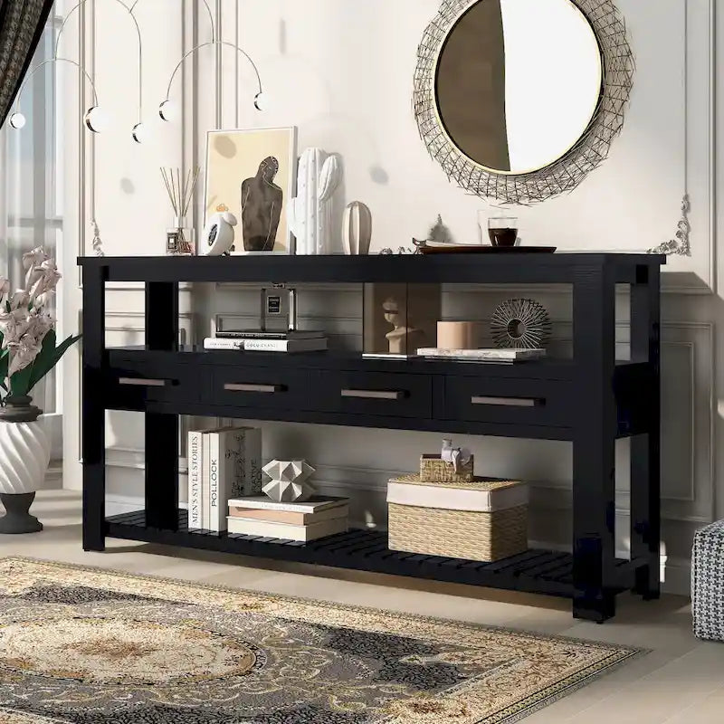 Console avec 4 tiroirs et 2 étagères ouvertes en MDF et pin massif