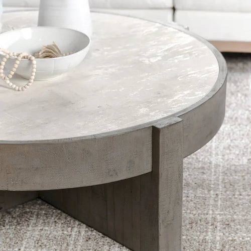 Table basse ronde de 52 po en pin recyclé avec base croisée et plateau stratifié effet béton