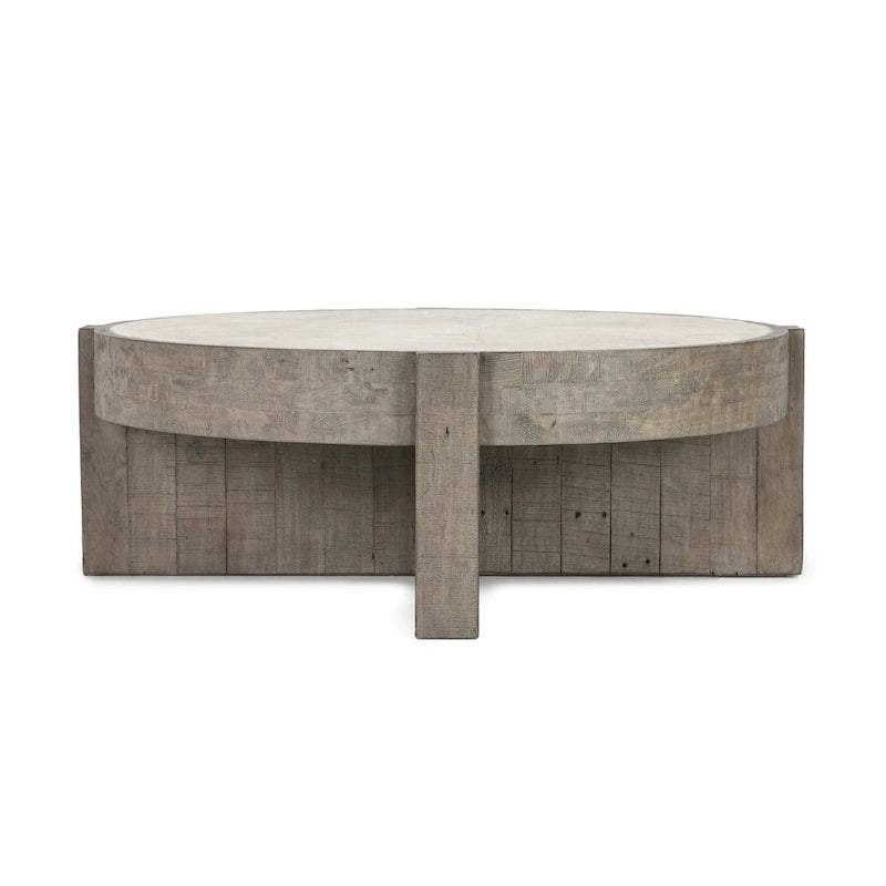 Table basse ronde de 52 po en pin recyclé avec base croisée et plateau stratifié effet béton