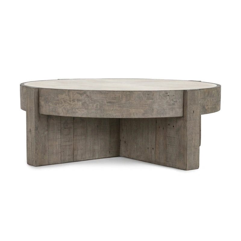 Table basse ronde de 52 po en pin recyclé avec base croisée et plateau stratifié effet béton