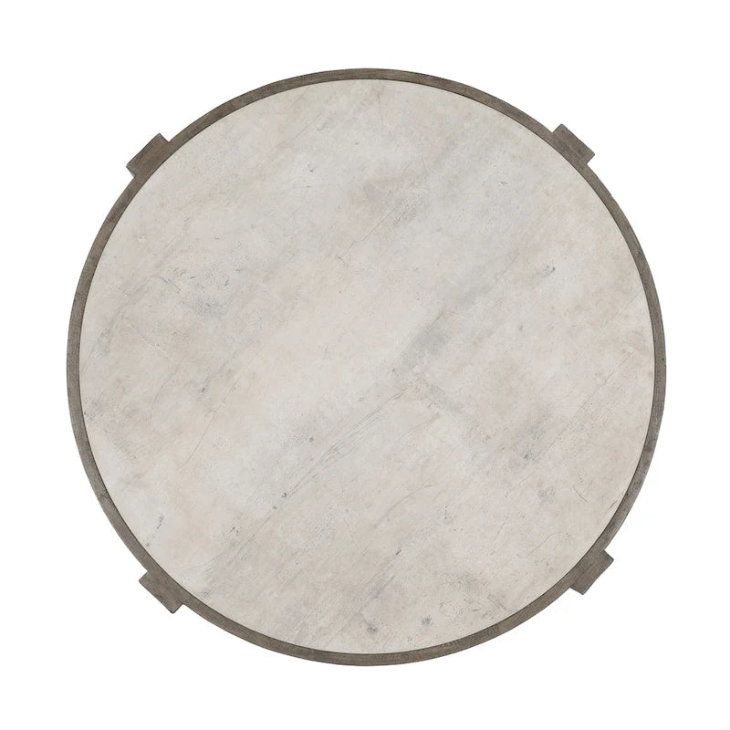 Table basse ronde de 52 po en pin recyclé avec base croisée et plateau stratifié effet béton