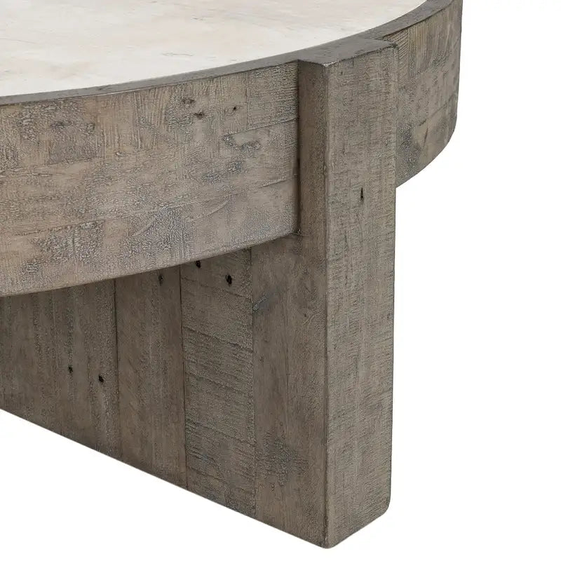 Table basse ronde de 52 po en pin recyclé avec base croisée et plateau stratifié effet béton