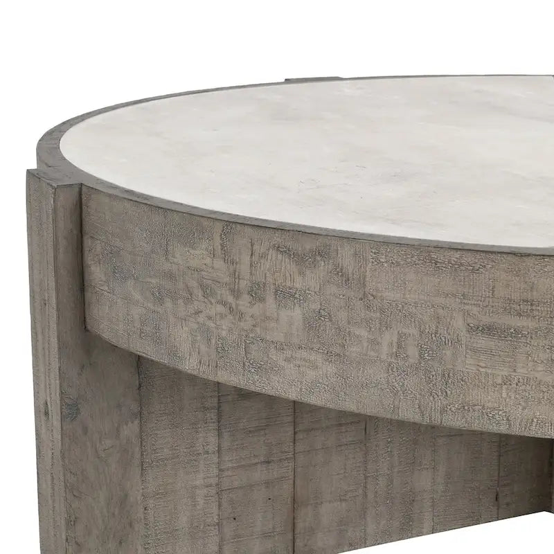 Table basse ronde de 52 po en pin recyclé avec base croisée et plateau stratifié effet béton
