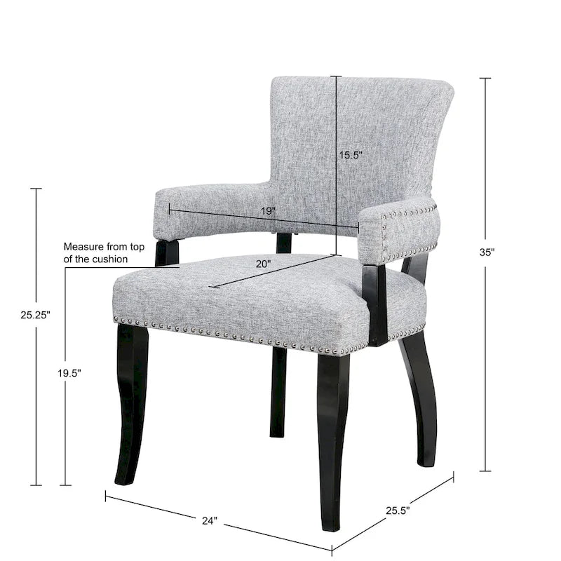 Chaise de salle à manger capitonnée avec accoudoirs, garniture cloutée et rembourrage en mousse haute densité — Cadre en bois d'hévéa