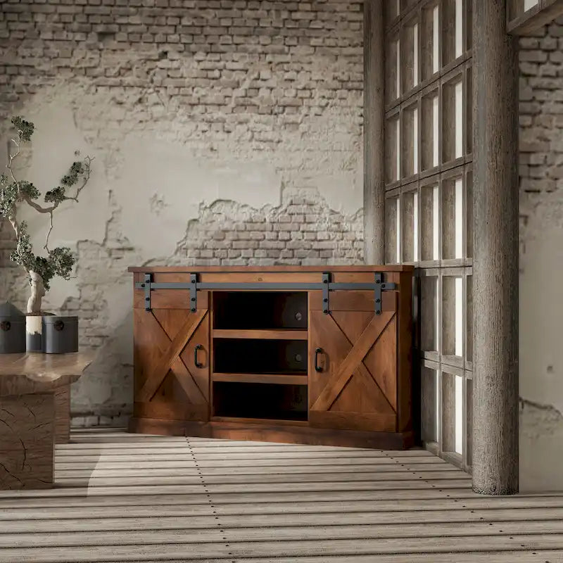 Meuble TV d'angle de ferme de 56 pouces avec portes coulissantes et finition Chêne Vieilli