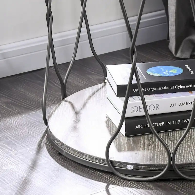 Table d'appoint ronde en métal avec piètement torsadé et étagère inférieure — Finition gris rustique