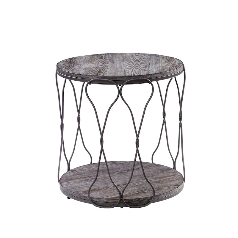 Table d'appoint ronde en métal avec piètement torsadé et étagère inférieure — Finition gris rustique