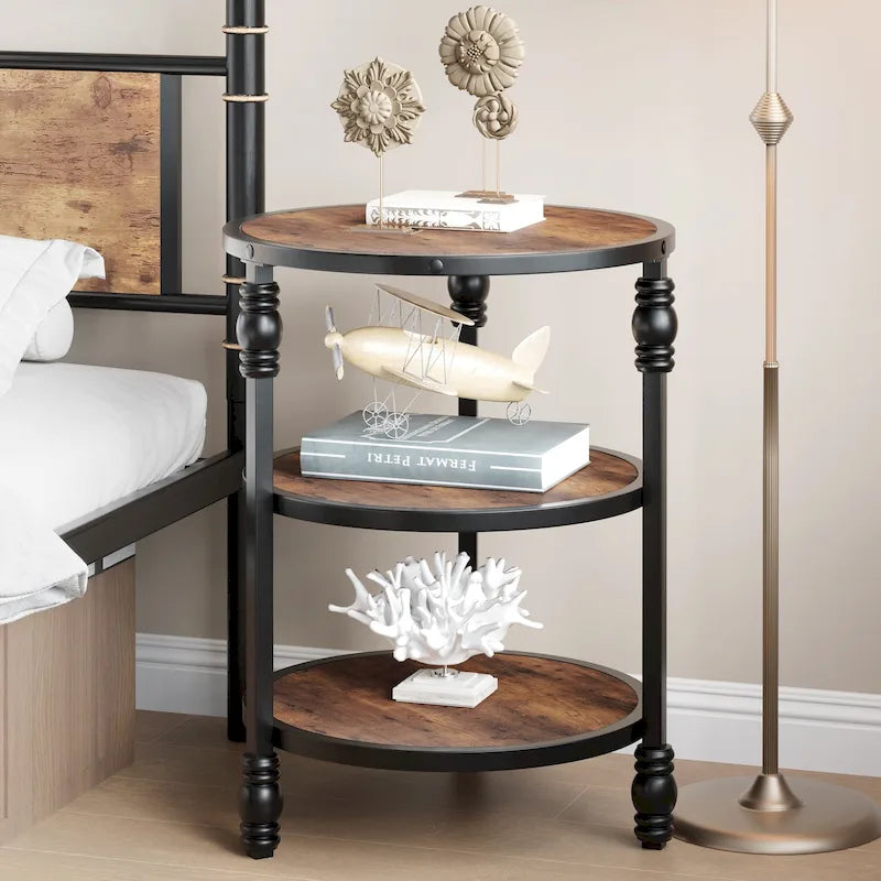 Table d'appoint ronde à 3 niveaux avec étagères de rangement, cadre en métal et plateau aspect bois