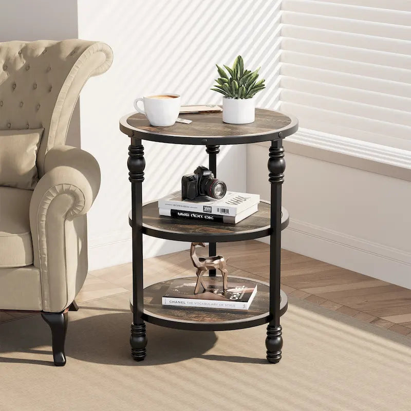 Table d'appoint ronde à 3 niveaux avec étagères de rangement, cadre en métal et plateau aspect bois