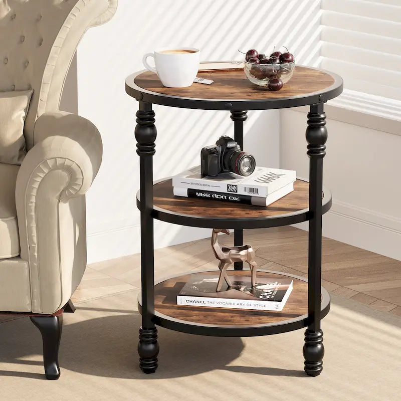 Table d'appoint ronde à 3 niveaux avec étagères de rangement, cadre en métal et plateau aspect bois