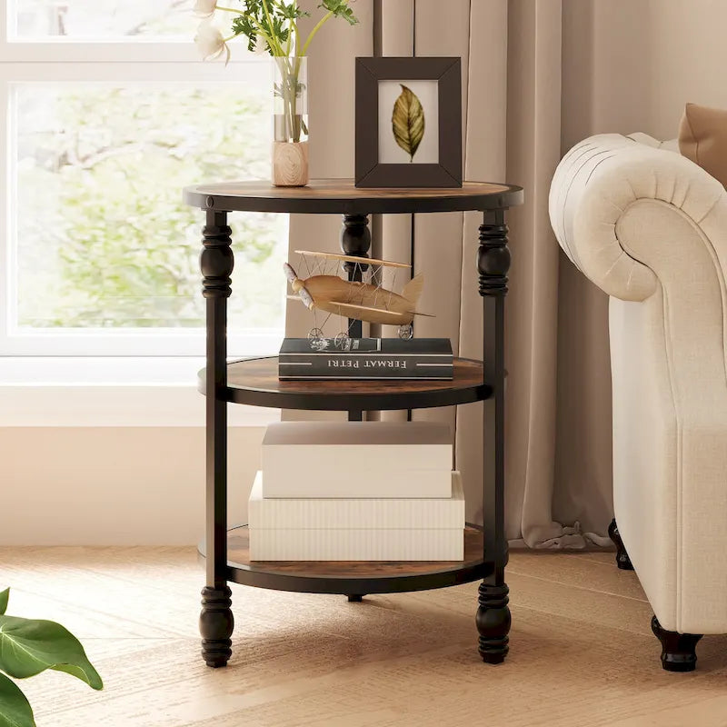 Table d'appoint ronde à 3 niveaux avec étagères de rangement, cadre en métal et plateau aspect bois