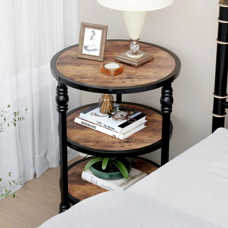 Table d'appoint ronde à 3 niveaux avec étagères de rangement, cadre en métal et plateau aspect bois