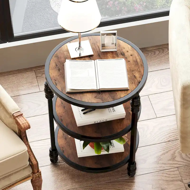 Table d'appoint ronde à 3 niveaux avec étagères de rangement, cadre en métal et plateau aspect bois