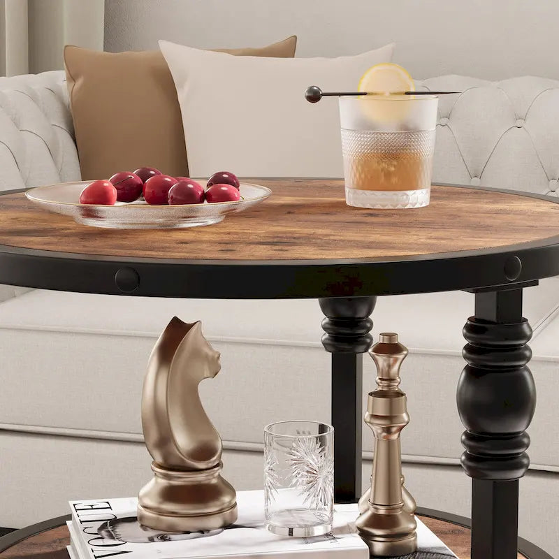 Table d'appoint ronde à 3 niveaux avec étagères de rangement, cadre en métal et plateau aspect bois