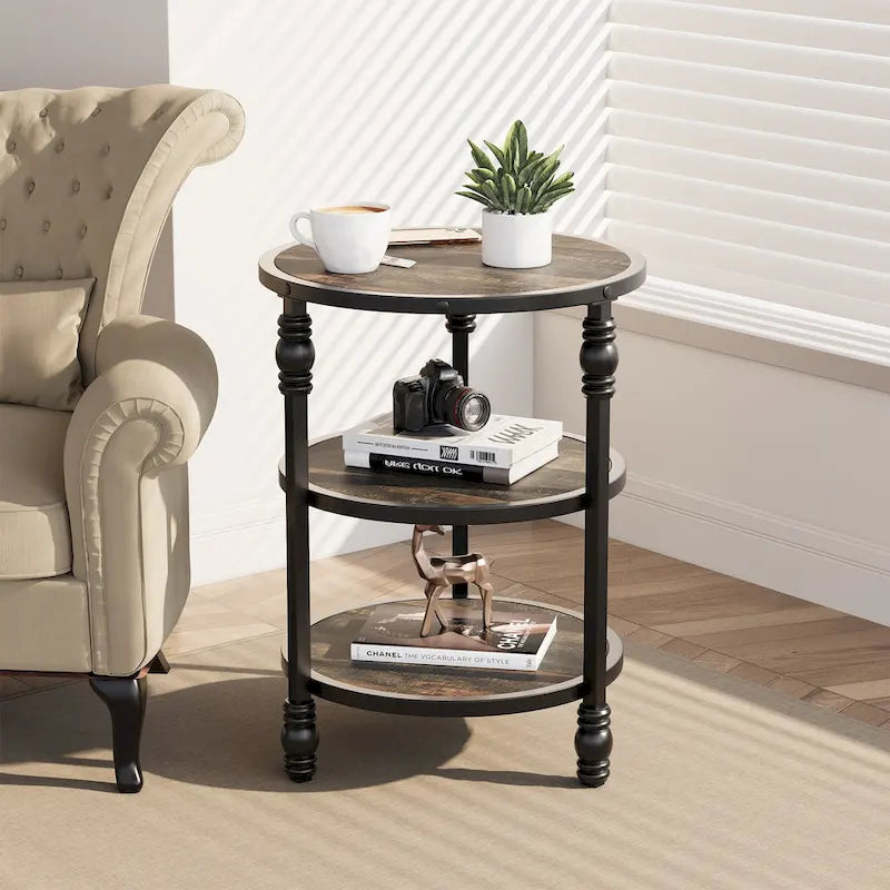 Table d'appoint ronde à 3 niveaux avec étagères de rangement, cadre en métal et plateau aspect bois