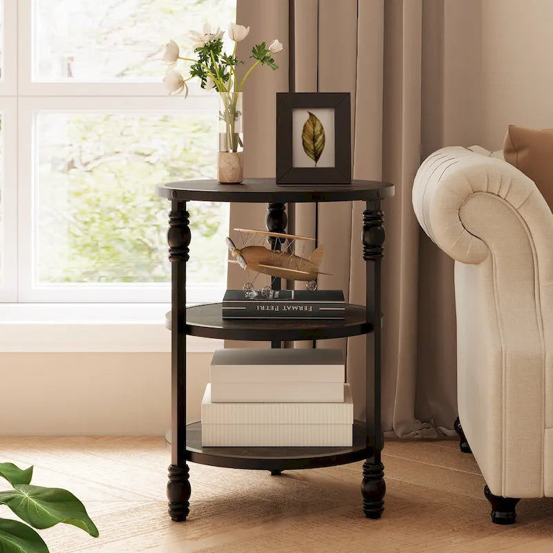 Table d'appoint ronde à 3 niveaux avec étagères de rangement, cadre en métal et plateau aspect bois