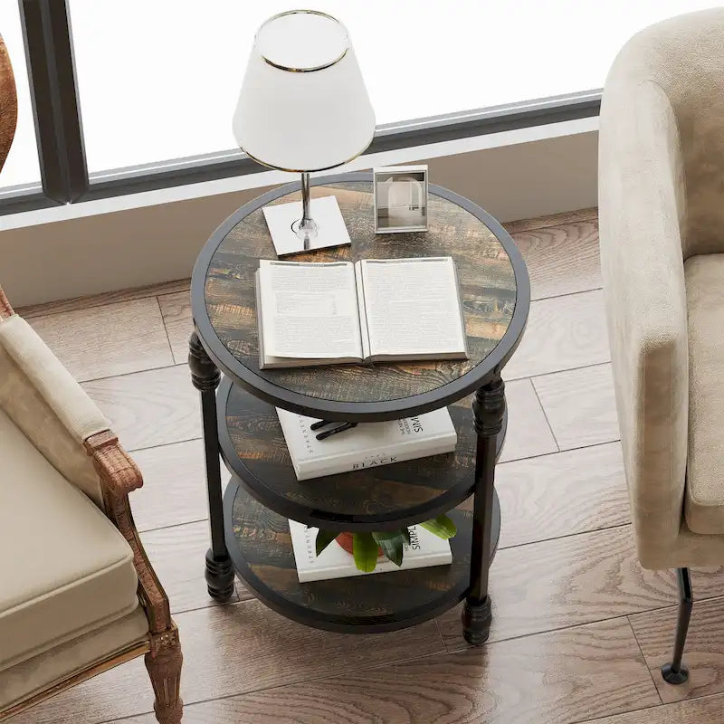 Table d'appoint ronde à 3 niveaux avec étagères de rangement, cadre en métal et plateau aspect bois