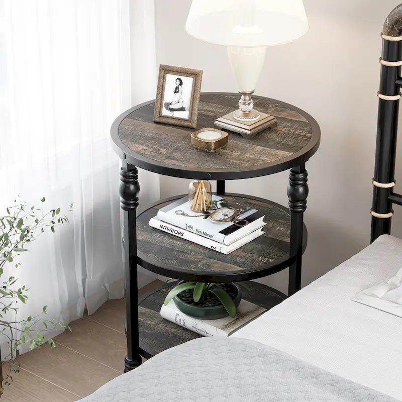 Table d'appoint ronde à 3 niveaux avec étagères de rangement, cadre en métal et plateau aspect bois