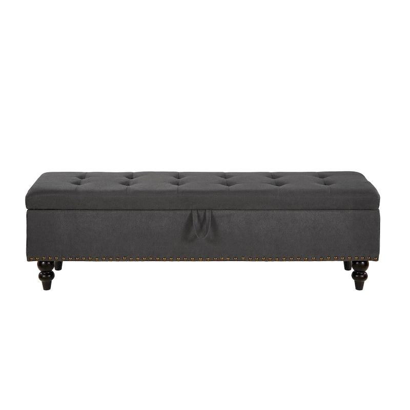 Banc de rangement capitonné avec boutonnage et pieds en bois massif — Banc de bout de lit et pouf