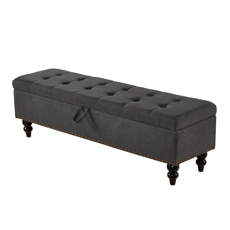 Banc de rangement capitonné avec boutonnage et pieds en bois massif — Banc de bout de lit et pouf