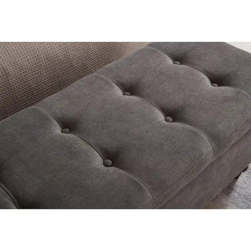 Banc de rangement capitonné avec boutonnage et pieds en bois massif — Banc de bout de lit et pouf