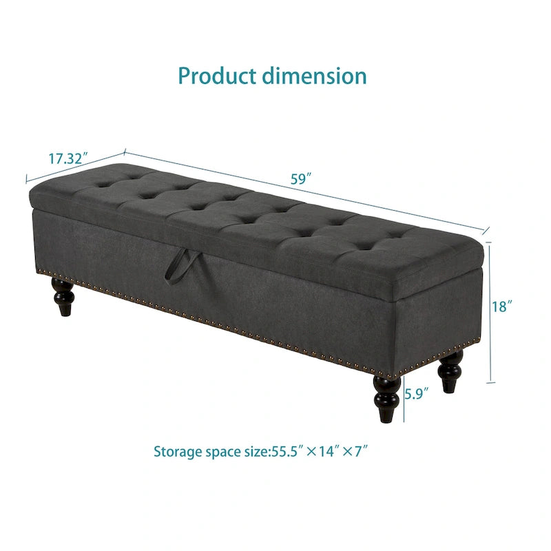 Banc de rangement capitonné avec boutonnage et pieds en bois massif — Banc de bout de lit et pouf