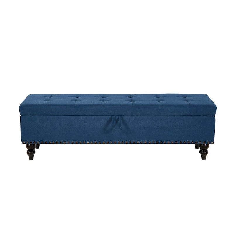 Banc de rangement capitonné avec boutonnage et pieds en bois massif — Banc de bout de lit et pouf