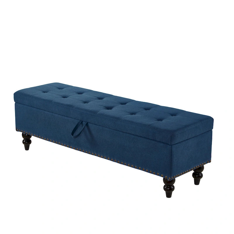 Banc de rangement capitonné avec boutonnage et pieds en bois massif — Banc de bout de lit et pouf