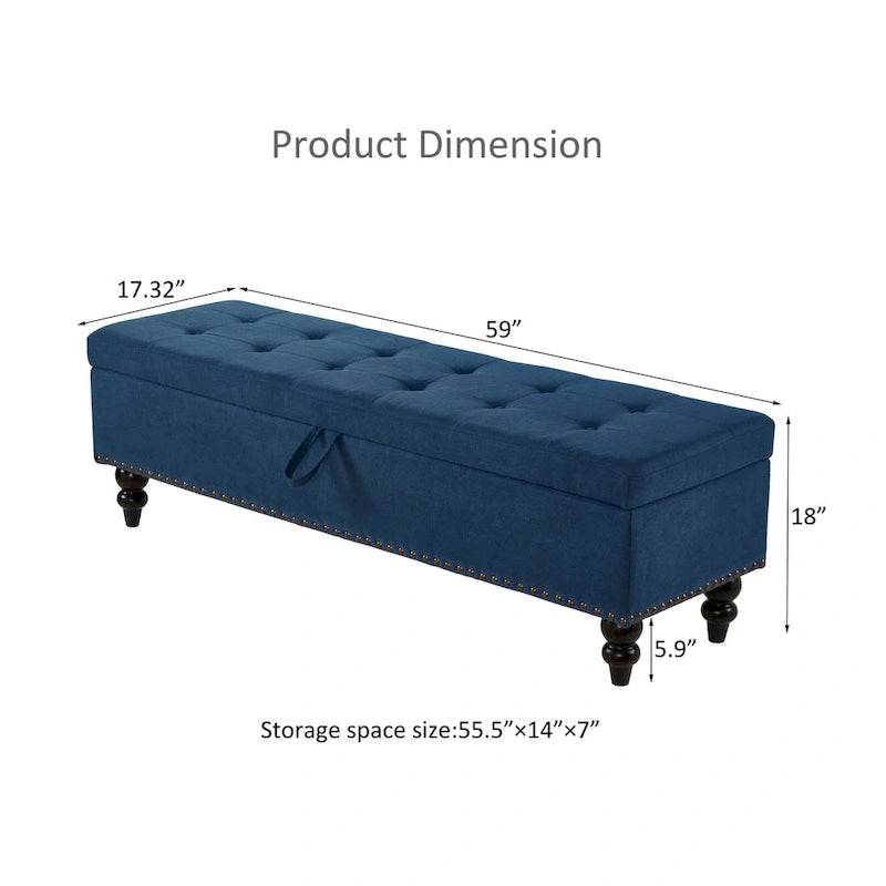 Banc de rangement capitonné avec boutonnage et pieds en bois massif — Banc de bout de lit et pouf