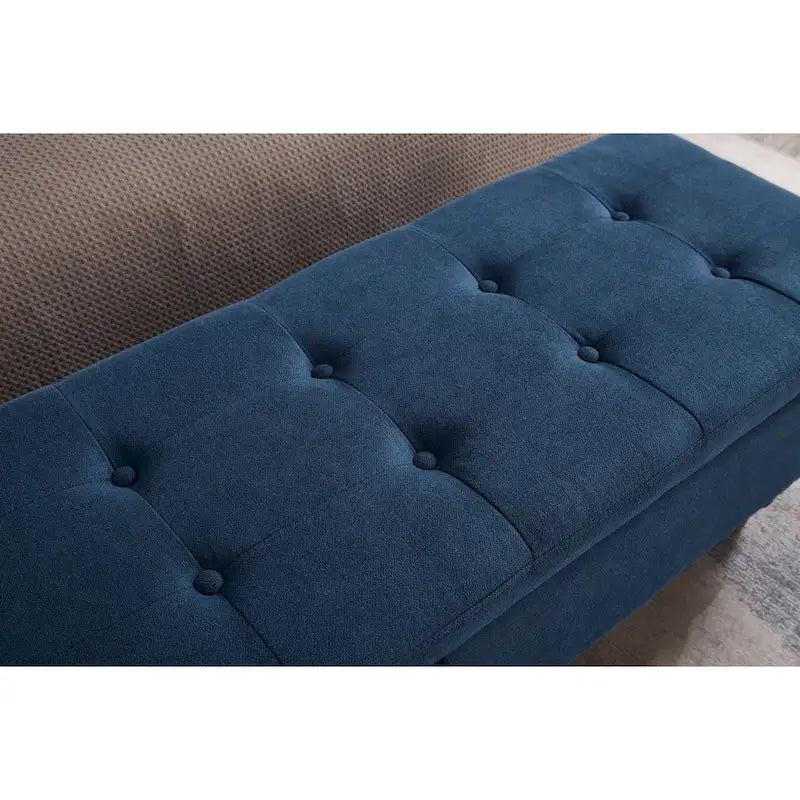 Banc de rangement capitonné avec boutonnage et pieds en bois massif — Banc de bout de lit et pouf