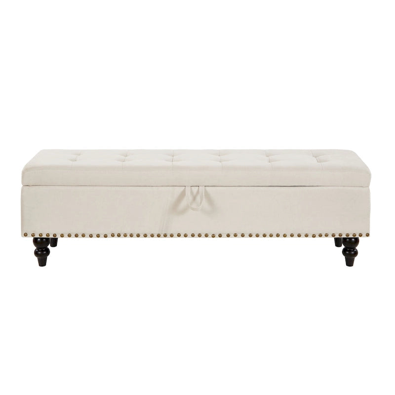 Banc de rangement capitonné avec boutonnage et pieds en bois massif — Banc de bout de lit et pouf