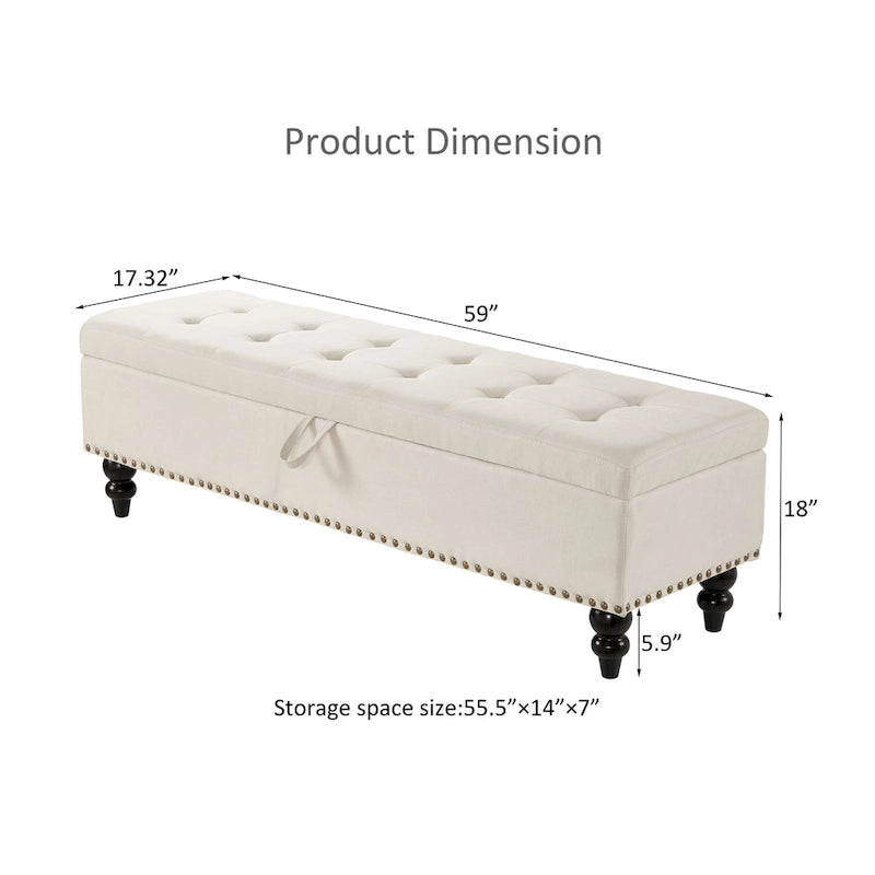 Banc de rangement capitonné avec boutonnage et pieds en bois massif — Banc de bout de lit et pouf