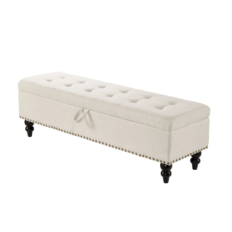 Banc de rangement capitonné avec boutonnage et pieds en bois massif — Banc de bout de lit et pouf