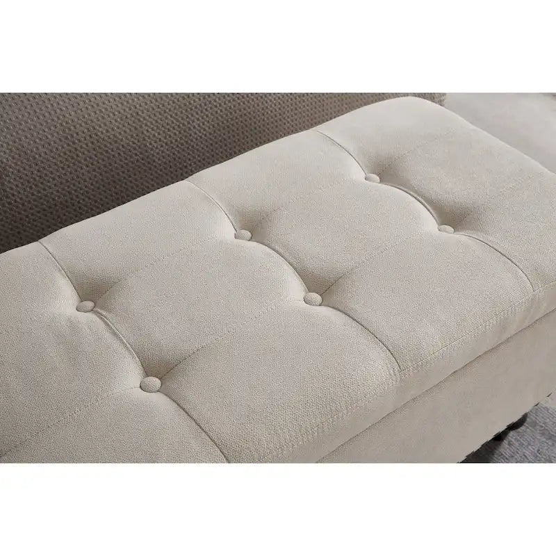 Banc de rangement capitonné avec boutonnage et pieds en bois massif — Banc de bout de lit et pouf