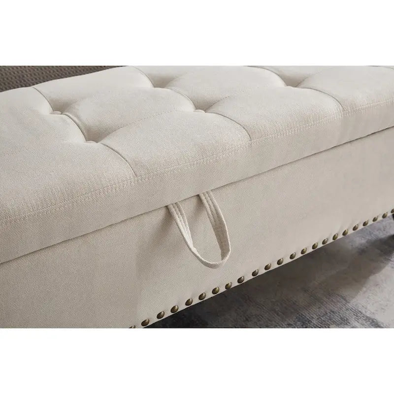 Banc de rangement capitonné avec boutonnage et pieds en bois massif — Banc de bout de lit et pouf
