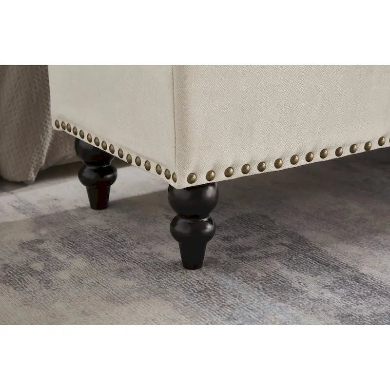Banc de rangement capitonné avec boutonnage et pieds en bois massif — Banc de bout de lit et pouf