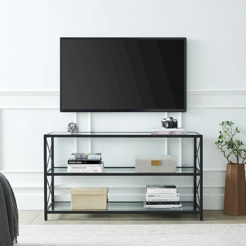 Meuble TV géométrique en métal avec étagères en verre trempé