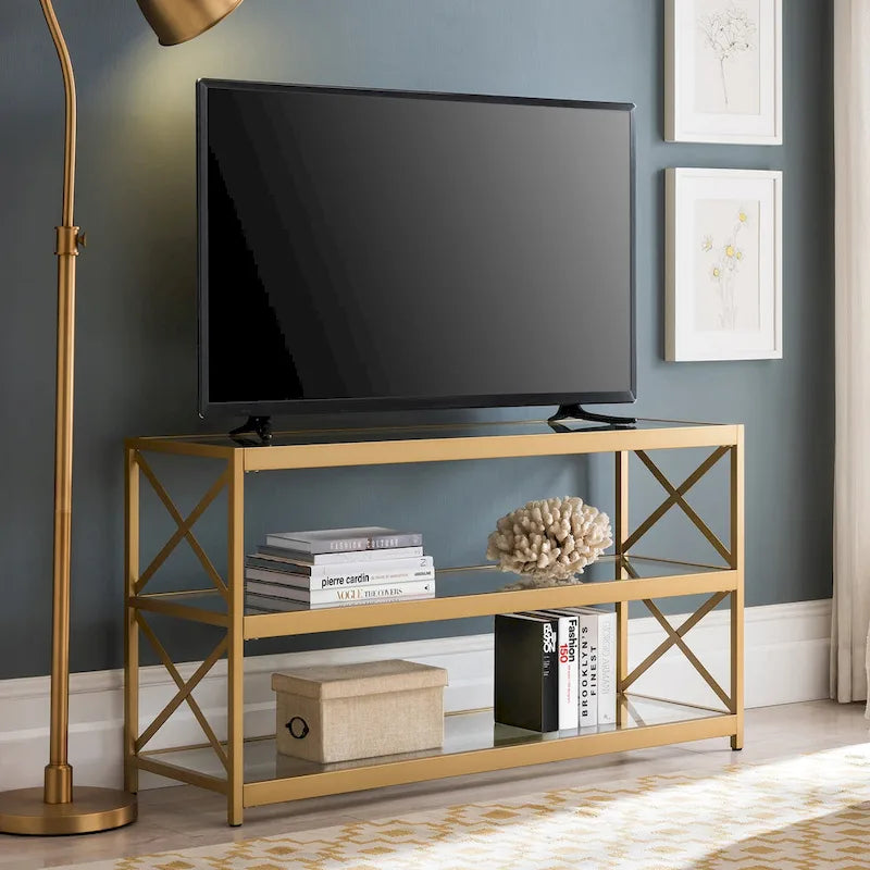 Meuble TV géométrique en métal avec étagères en verre trempé